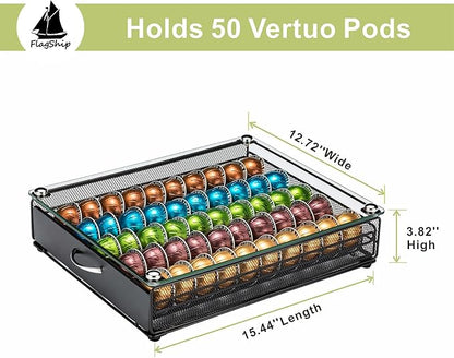 FlagShip for Nespresso Pod Holder Coffee Pod Storage for Vertuo Pod with Crystal Tempered Glass Top(50 Pods Capacity)
