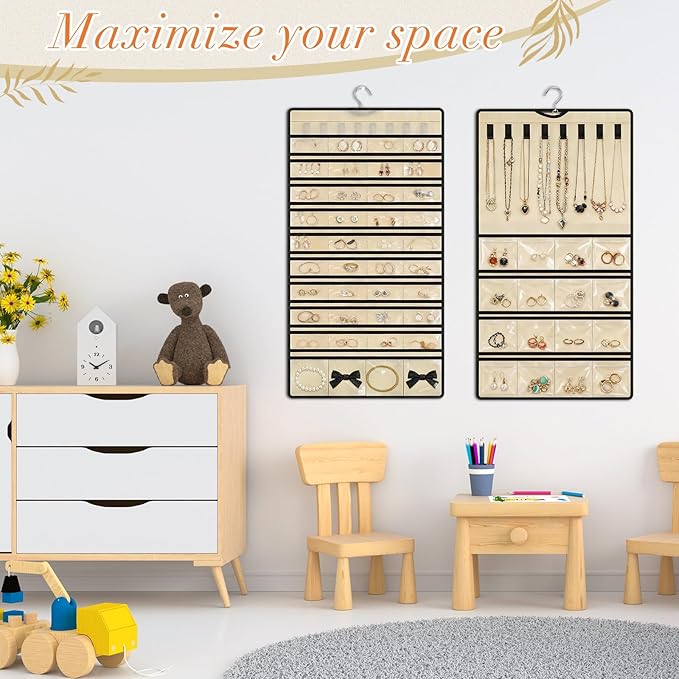 SATINIOR 2 Pcs Hanging Jewelry Organizer Storage Roll with Hanger Metal Hooks Double-sided Jewelry Holder for Earrings, Necklaces, Rings on Closet, Wall, Door, Large, Beige