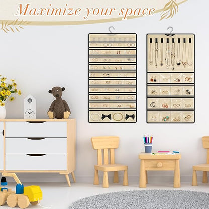 SATINIOR 2 Pcs Hanging Jewelry Organizer Storage Roll with Hanger Metal Hooks Double-sided Jewelry Holder for Earrings, Necklaces, Rings on Closet, Wall, Door, Large, Beige