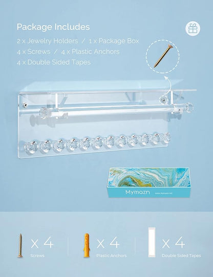 Mymazn 2 Pack Acrylic Necklace Holder with Shelf, 12 Diamond Shape Hooks and Removable Bracelet Rod, Wall Mounted Jewelry Organizer Hanging Rack Clear Jewelry Hangers
