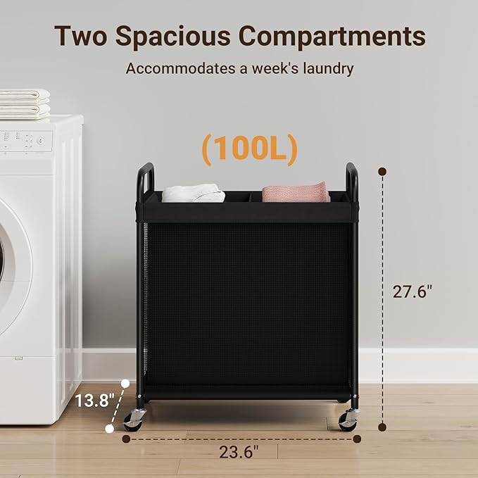 ELYKEN Laundry Hamper 2 Section, 100L Rolling Laundry Sorter with Removable Liner Bag, Laundry Basket with Wheels, Steel Frame with Metal Handle, Clothes Hamper Cart for Laundry Room & Bedroom