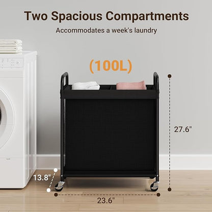 ELYKEN Laundry Hamper 2 Section, 100L Rolling Laundry Sorter with Removable Liner Bag, Laundry Basket with Wheels, Steel Frame with Metal Handle, Clothes Hamper Cart for Laundry Room & Bedroom