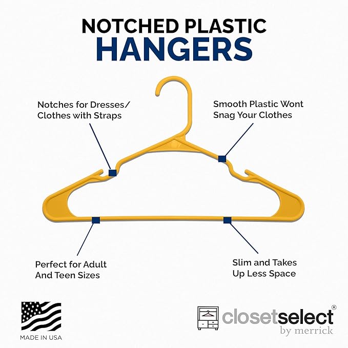 Closetselect Plastic Hangers 50 Pack - Space Saving Clothes Hangers, Made in USA, Durable & Strong Plastic Shirt & Coat Hanger with Notches & Shoulder Grooves, Non-Slip Hangers | Scoreboard Yellow