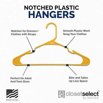Closetselect Plastic Hangers 50 Pack - Space Saving Clothes Hangers, Made in USA, Durable & Strong Plastic Shirt & Coat Hanger with Notches & Shoulder Grooves, Non-Slip Hangers | Scoreboard Yellow