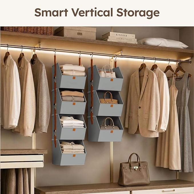 Homsorout Hanging Closet Organizer 4 Tier - Clothes Hanging Shelves, Space-Saving Closet System, Fabric Storage Bins Bedroom Organization, Collapsible Baskets for Home, Dorm, Rv, Grey