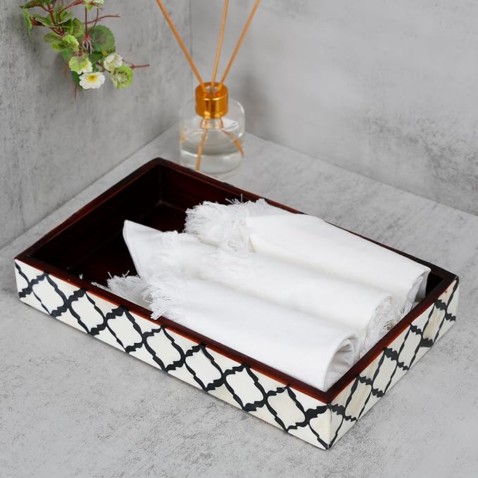 Handicrafts Home 10"x6" Vanity Tray for Bathroom Countertop, Moroccan Bone Inlay Decorative Organizer Tray for Perfume, Jewelry, Cosmetics & Dresser Decor, Rectangular Catchall Tray, Black White