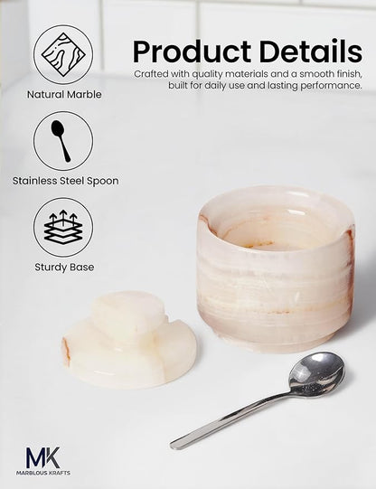 MARBLOUS KRAFTS 3" Marble Salt Cellar with Lid & Spoon White Onyx Flaky Salt Box, Sugar Jar, and Spice Storage Container for Kitchen Countertop, Perfect Ideal Mother’s Day Gift for Mom