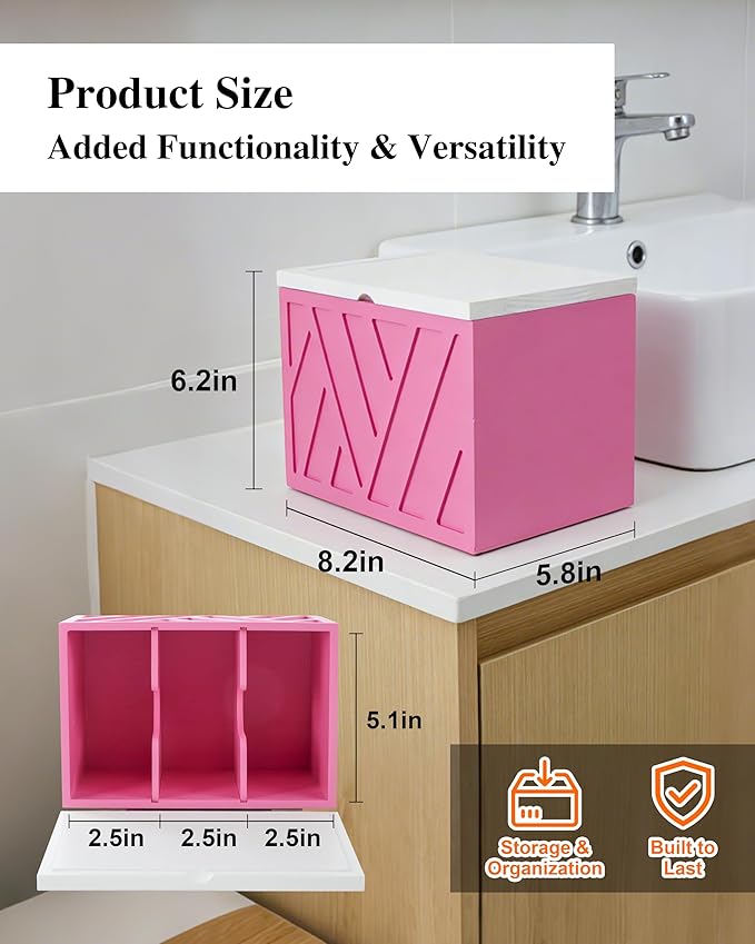 Tampon Holder for Bathroom Decor Feminine Product Organizer With Lid Shark Week Box Wooden Pad Girl Stuff Box (BLACK, lid) (1, PINK)