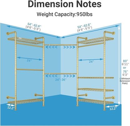 Timate L3 L Shape Gold Heavy Duty Clothes Rack, Industrial Pipe Wall Mounted, Adjustable 6 Shelves, 5 Closet Rods, Space Saving