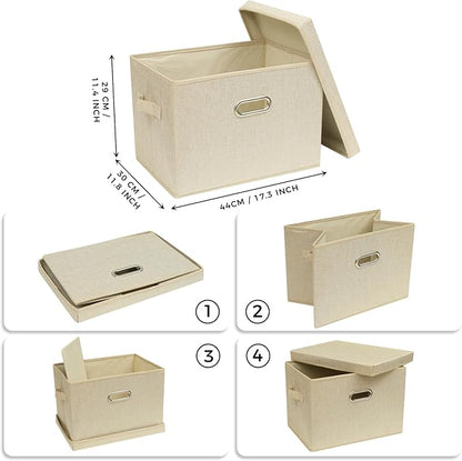 SNWDN 4 Pack Collapsible Fabric Storage Bins with Lids Fabric storage box with lids for closet organizers and storage (Beige 14.6x10.6x10.2 inches)