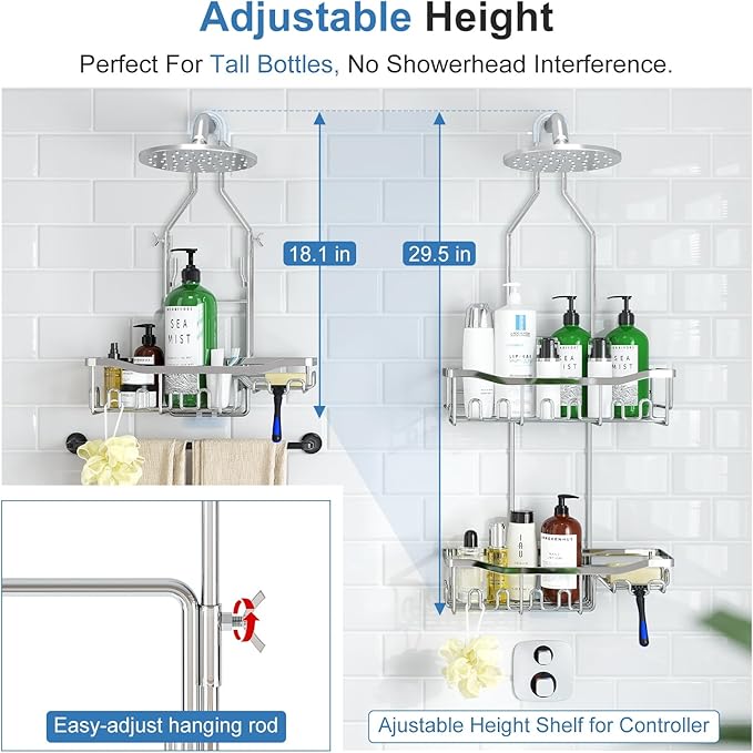Shower Caddy Hanging for Bathroom: Adjustable Height No Blocking to Shower Head - Rustproof Shower Caddy Over Showerhead - Black Shower Organizer with Hooks Soap Holder, Silver