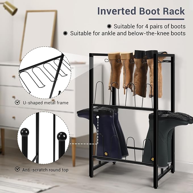 GADFISH Free Standing Shoe Racks, Vertical Boot Rack, Black Metal Boot Storage Organizer Tall Boots Organizer for Closet, Entryway, Shoe Rack for Boots, Sneakers, Fit 8 Pairs