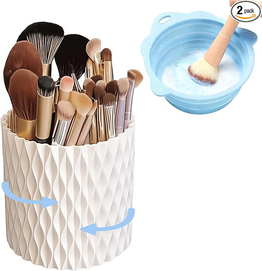 YLYZ Makeup Brush Holder with Cleaning Bowl, Makeup Brush Organizer Cosmetic Display Cases, Hair Brush Holder for Vanity, White