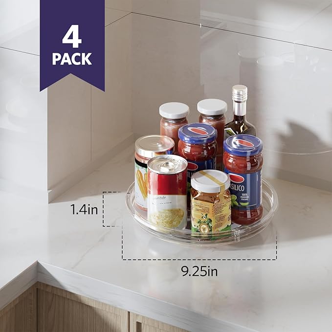 LAMU 4 Pack 9.25in Lazy Susan Organizer, Clear Lazy Susan Turntable for Cabinet, Refrigerator, Table Top, Kitchen, Bathroom, Pantry Organizers and Storage