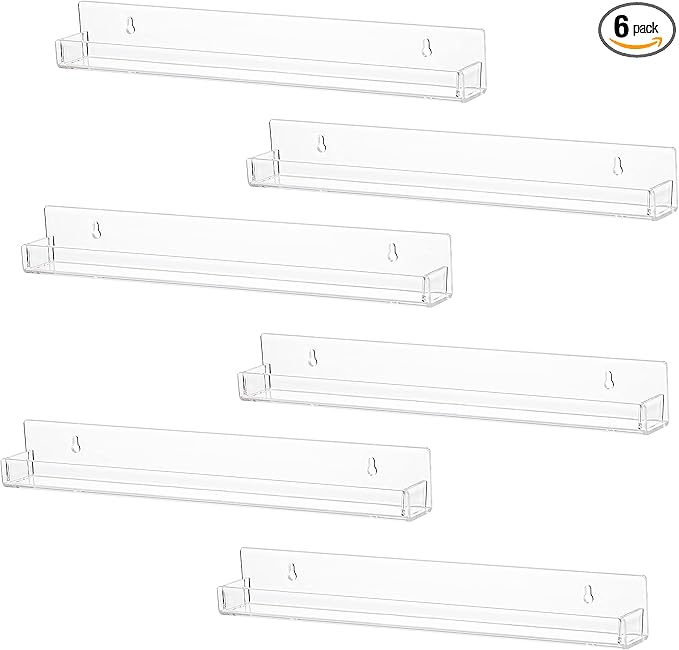LikeU 6 PCS Clear Acrylic Floating Shelves Book Shelf Display Ledge,5 MM Thick Wall Mounted Storage Shelf for Nursery Decor,Invisible Kids Bookshelf and Small Toy Storage,15 Inch