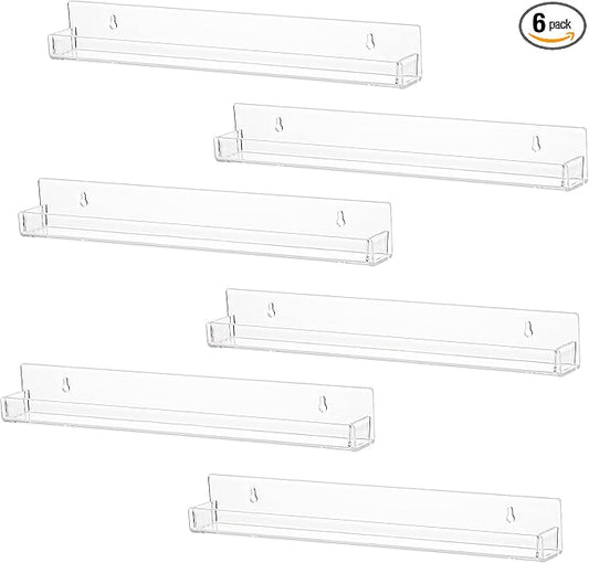 LikeU 6 PCS Clear Acrylic Floating Shelves Book Shelf Display Ledge,5 MM Thick Wall Mounted Storage Shelf for Nursery Decor,Invisible Kids Bookshelf and Small Toy Storage,15 Inch