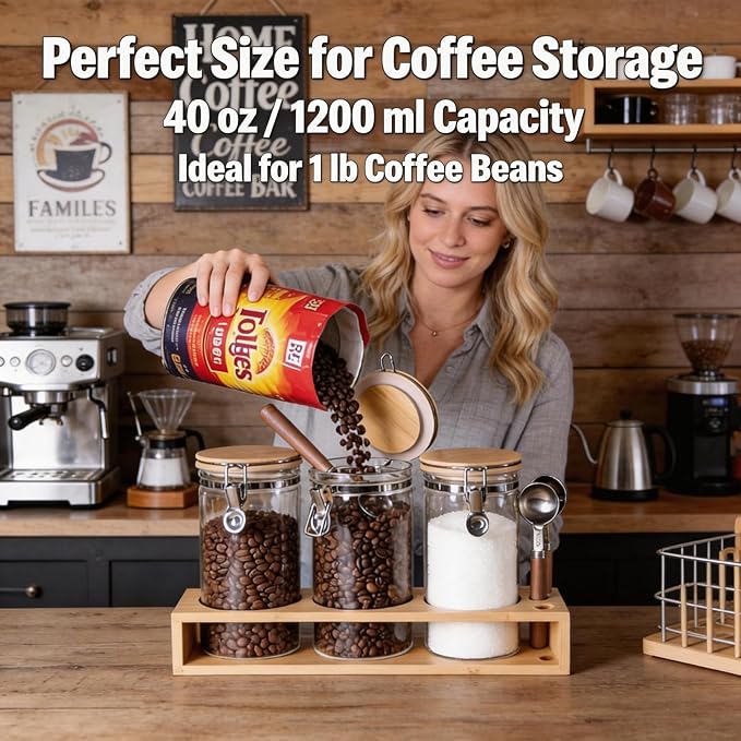 KKC Glass Coffee Container Set of 3 with Bamboo Lids & Spoons | 40oz Airtight Coffee Bar Accessories & Organizer for Countertop | Clear Sugar and Coffee Canister Set for Ground Beans & Tea