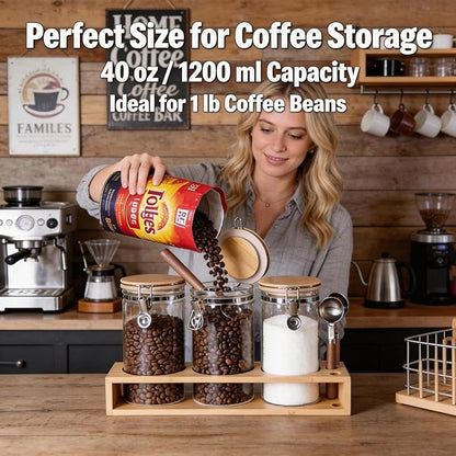 KKC Glass Coffee Container Set of 3 with Bamboo Lids & Spoons | 40oz Airtight Coffee Bar Accessories & Organizer for Countertop | Clear Sugar and Coffee Canister Set for Ground Beans & Tea