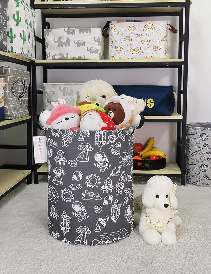 QUEENLALA Large Storage Basket,Laundry Hamper/Bathroom/Home Decor/Collapsible Round Storage Bin,Boys and Girls Hamper/Boxes/Clothing(Round-Grey space exploration)