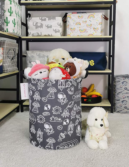 QUEENLALA Large Storage Basket,Laundry Hamper/Bathroom/Home Decor/Collapsible Round Storage Bin,Boys and Girls Hamper/Boxes/Clothing(Round-Grey space exploration)