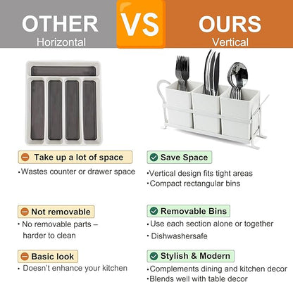 KAQAHIDO Utensil Caddy with Drain Holes, Cutlery Organizer for Kitchen Countertop Drawer 3pcs Bins Set Silverware Holder for Spoon, Fork and Knife, White