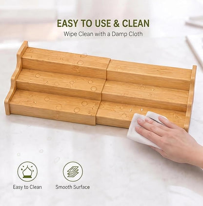 Expandable 3-Tier Bamboo Can Rack Organizer for Pantry, Adjustable Kitchen Cabinet Storage Shelf, Holds Up to 24 Cans, Natural Elegance