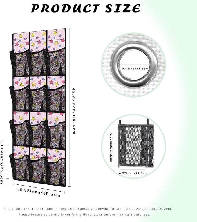 Multi-Purpose 12-Pocket Behind The Door Organizer, Oxford Cloth, Waterproof Large Capacity and Ideal for Bathroom Bedroom or Pantry Storage, Coloured Stars Pattern