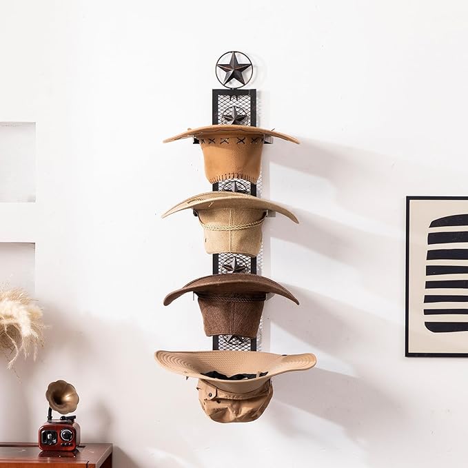 Cowboy Hat Rack for Wall, Metal Star Cowboy Hat Holder for 4 Hats, Vertical Western Hat Rack Wall Mount, Rustic Wall Hanging Decorative Hat Hanger with Hook