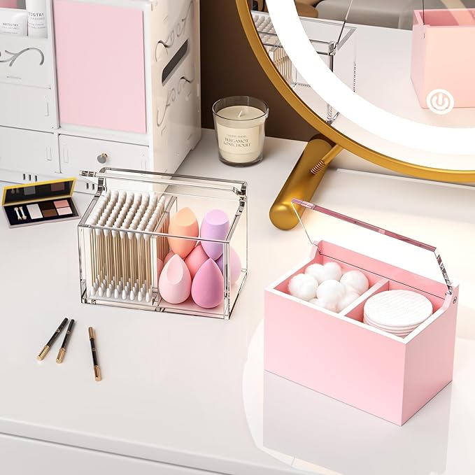 Qtip Holder Dispenser for Cotton Swabs, Balls, Pads, Floss Picks, 2 Compartments Lightpink Acrylic Container with Lid Apothecary Jar Bathroom Accessories Canister Vanity Storage Organizer