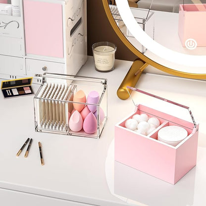 Qtip Holder Dispenser for Cotton Swabs, Balls, Pads, Floss Picks, 2 Compartments Lightpink Acrylic Container with Lid Apothecary Jar Bathroom Accessories Canister Vanity Storage Organizer