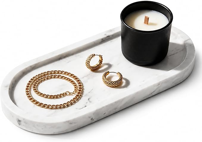 Natural Marble Vanity Tray Italy Oval Stone Trays for Candles Perfume, Decorative Jewelry Dish for Small Items, Countertop Storage Organizer for Home Bathroom Kitchen Matte Surface White (BH101)