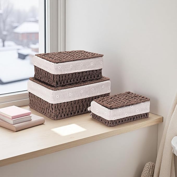 GIB Wicker Woven Storage Baskets with Lids Set of 3 Size, Decorative Paper Rope Small Nesting Baskets Removable Liner Container Bins for Shelves Pantry Table Keys Gifts Makeup Organizer, Brown
