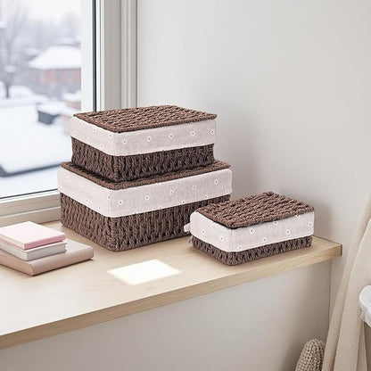 GIB Wicker Woven Storage Baskets with Lids Set of 3 Size, Decorative Paper Rope Small Nesting Baskets Removable Liner Container Bins for Shelves Pantry Table Keys Gifts Makeup Organizer, Brown