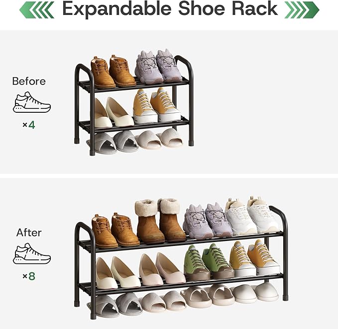 kiplant Shoe Rack for Closet, Black 2-Tier Expandable Closet Shoe Rack Metal Organizer, Heavy Duty Shoe Storage Shelf for Entryway, Doorway, Narrow Space