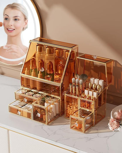 CoralHouse Makeup Organizer Amber,Glass Vanity Organizer for Skincare, Lipsticks, Perfume, Makeup Brushes – Countertop Cosmetic Storage Box for Women, Bathroom & Dresser