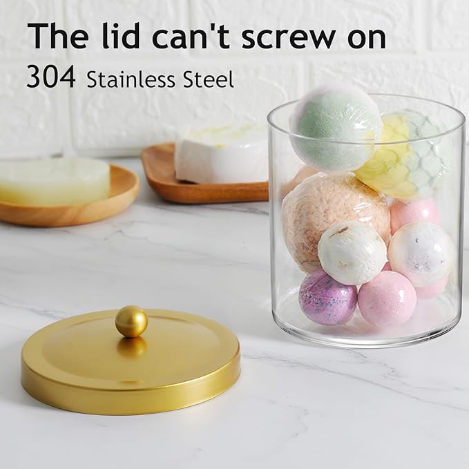 Amolliar 50 Oz Apothecary Jar - 2 Pack Clear Container with Stainless Steel Lid, Plastic Jar for Laundry Room Organization & Pods Storage, Bathroom Vanity Organizer, Kitchen Countertop Decor (Gold)