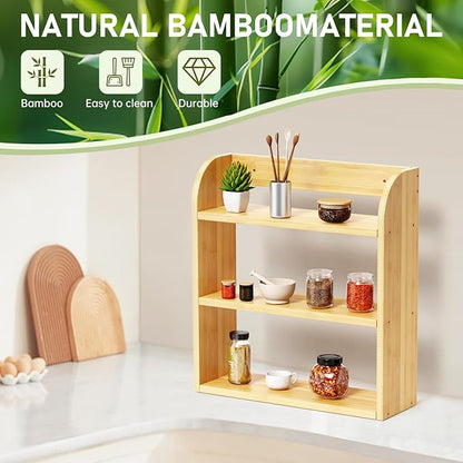 ROMGUAR CRAFT 3 Tier Bamboo Spice Rack, Countertop or Wall Mounting Wood Spice Jars Organizer Shelf for Kitche, Pantry (Natural)