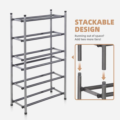 STORAGE MANIAC Expandable Shoe Rack, 16 Pairs Stackable Small Shoe Rack, Metal Adjustable Shoes Organizer for Closet, Entryway, Hallway, Garage, Front Door, Shoes Shelves, Black 4 Tier