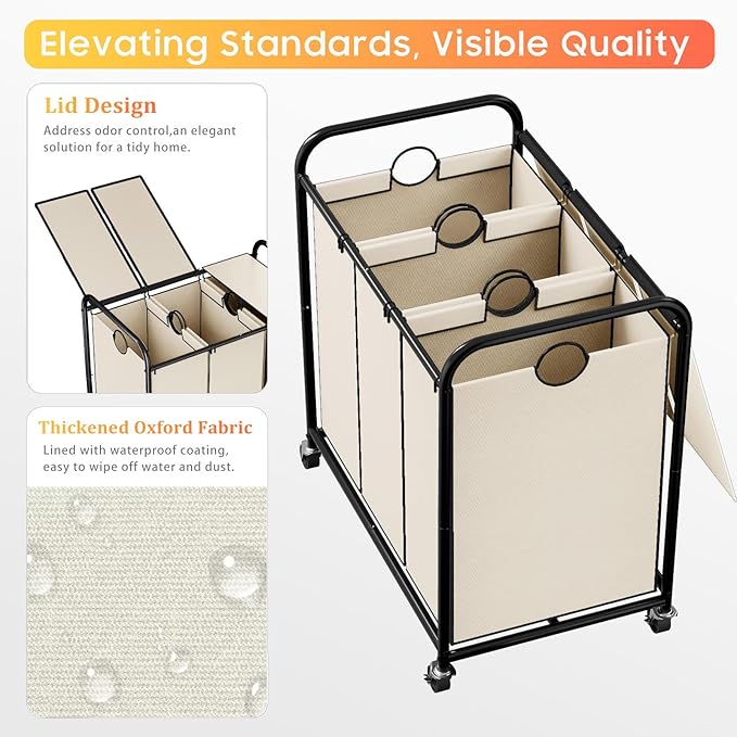 180L (47.55 Gal) Laundry Sorter 3 Section, Rolling Laundry Basket with Lockable Wheels and Lid, Laundry Hamper with 3 Separated Removable Bags Dirty Clothes Hamper for Laundry Room Organizer, White