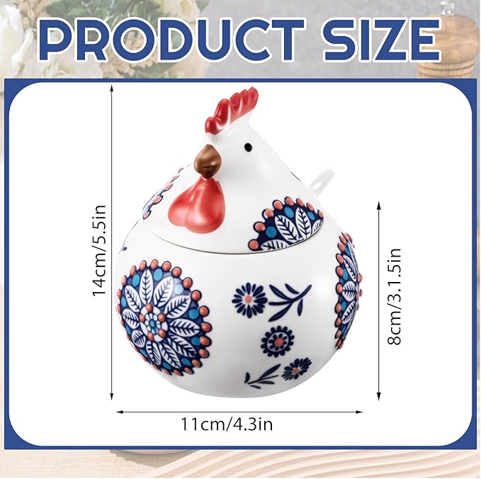 LemonRoad 2 Pcs Ceramic Salt Cellar with Lid and Spoon, 13oz Large Chicken Rooster Cookie Jar Salt Containers Holder for Countertop Spices, Ideal for Adding Charm to Kitchen Christmas Decor(Blue)