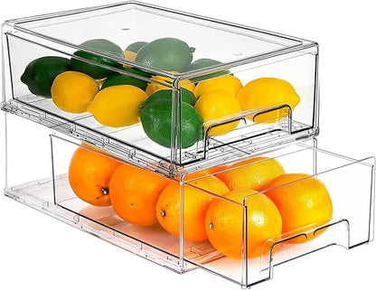 bealy 2 Pack Stackable Clear Drawer Organizer, Large Pull Out Fridge Organizers and Storage Container, Refrigerator Organizers and Storage for Fruit, Produce, Vegetables, Drinks, Snack and Food