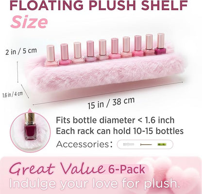 YMVV Nail Polish Wall Shelf - 15-Inch Furry Plush Display & Organizer Rack, Holds 60+ Polishes, Soft Ledge for Bedroom, Bathroom, Salon - Protects Bottles from Scratches，6 Pack Pink