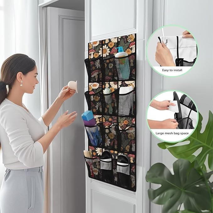 Mushrooms Door Hanger Organizer 12 Pockets Flowers Behind The Door Organizer for Living Room Black Wall Hanging Storage Space Saving Multi-Funtion Storage Bag for Office