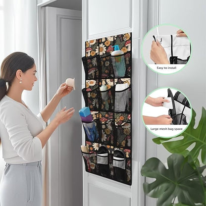 Mushrooms Door Hanger Organizer 12 Pockets Flowers Behind The Door Organizer for Living Room Black Wall Hanging Storage Space Saving Multi-Funtion Storage Bag for Office