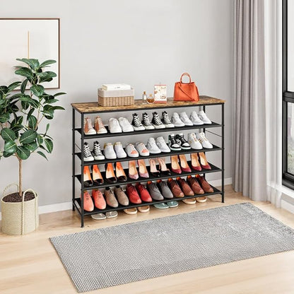INGIORDAR Shoe Rack Organizer 5 Tier Metal Organizer Shelf with Industrial MDF Board and Layer Fabric for Entryway Closet Bedroom Living Room Garage (Black+Rustic Brown, 5 Tier(47.2" W))