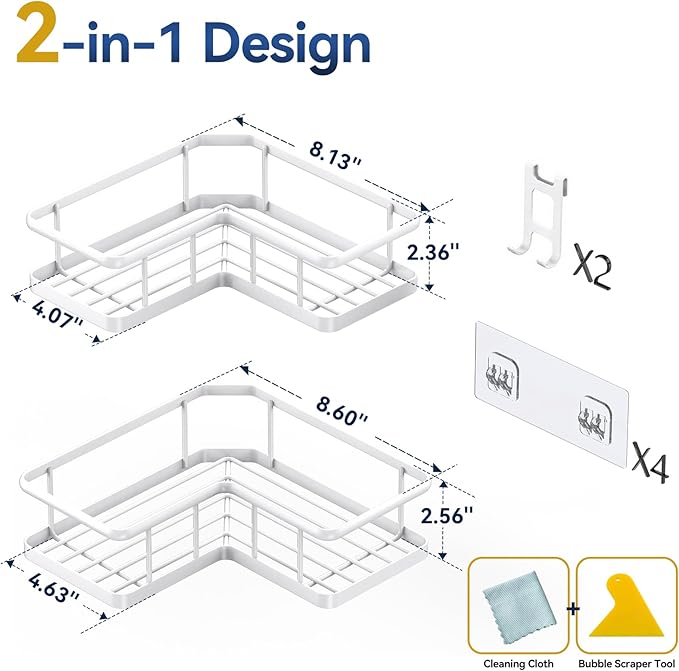 YASONIC Shower Caddy Corner, 2-Pack Adhesive Rustproof Stainless Steel Shower Shelves with Soap Holder, No Drilling Shower Organizer Corner for Dorm, Renters Bathroom White