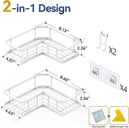 YASONIC Shower Caddy Corner, 2-Pack Adhesive Rustproof Stainless Steel Shower Shelves with Soap Holder, No Drilling Shower Organizer Corner for Dorm, Renters Bathroom White