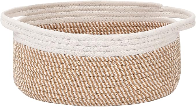 JMvicyroam Woven Basket,Small Rope Storage Bin with Handles & Ribbon Bag, Organizer for Shelves Closets,Gift Basket Empty for Birthday,Books,Dog Toys, White&Brown Block