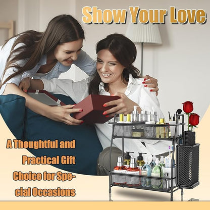 Bathroom Organizer with Basket, 2-Tier Bathroom Tray for Countertop Storage Shelf, Bathroom Counter Organizer, Vanity Organizer and Storage Kitchen Counter Organizers Spice Rack
