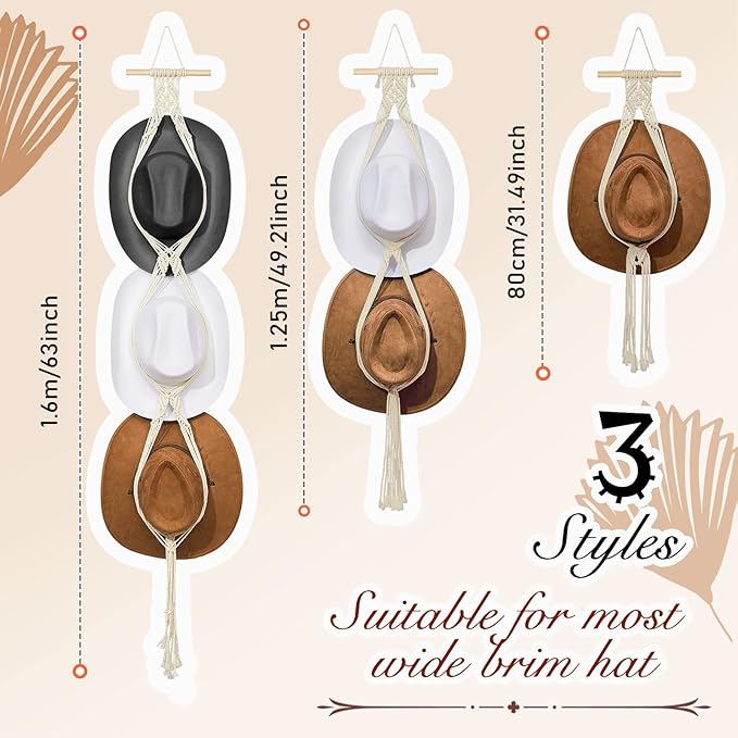 Yulejo 3 Pieces Macrame Hat Hanger Boho Hat Hanger for Wall Cowgirl Organizer Hand Weaving Display Rack Decoration Holder for Wide Brim and Fedoras Baseball